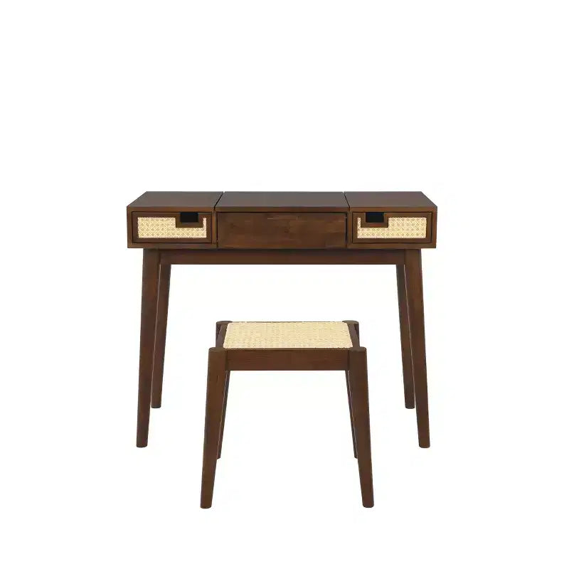 Meuble-lavabo en bois massif Linon Callie avec tabouret : design bohème, miroir rabattable, espace de rangement
