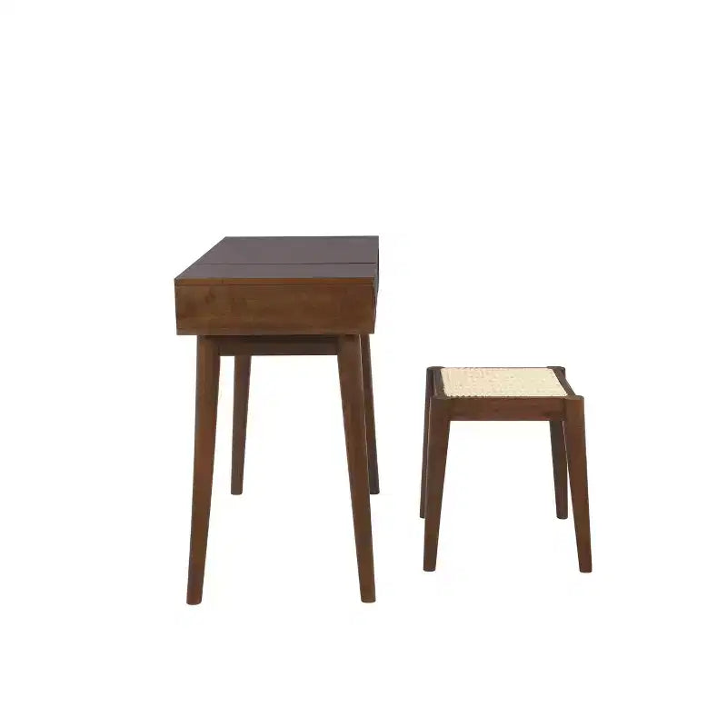 Meuble-lavabo en bois massif Linon Callie avec tabouret : design bohème, miroir rabattable, espace de rangement