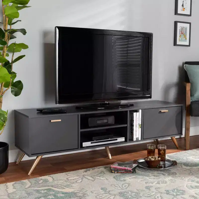 Meuble TV Kelson en bois pour téléviseurs jusqu'à 55" gris foncé/or - Baxton Studio : Console moderne avec rangement