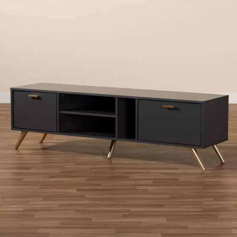 Meuble TV Kelson en bois pour téléviseurs jusqu'à 55" gris foncé/or - Baxton Studio : Console moderne avec rangement