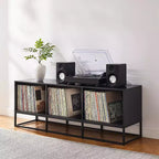 Meuble console Crosley Enzo Large Record Storage 152 cm noir : style industriel moderne, placage mélaminé, pieds en acier