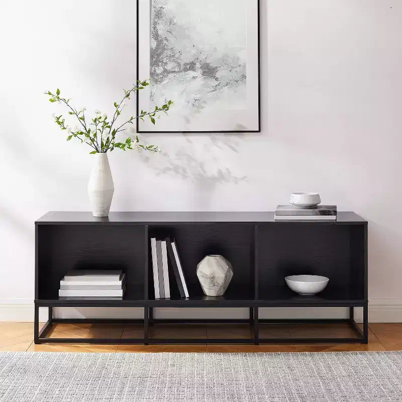Meuble console Crosley Enzo Large Record Storage 152 cm noir : style industriel moderne, placage mélaminé, pieds en acier