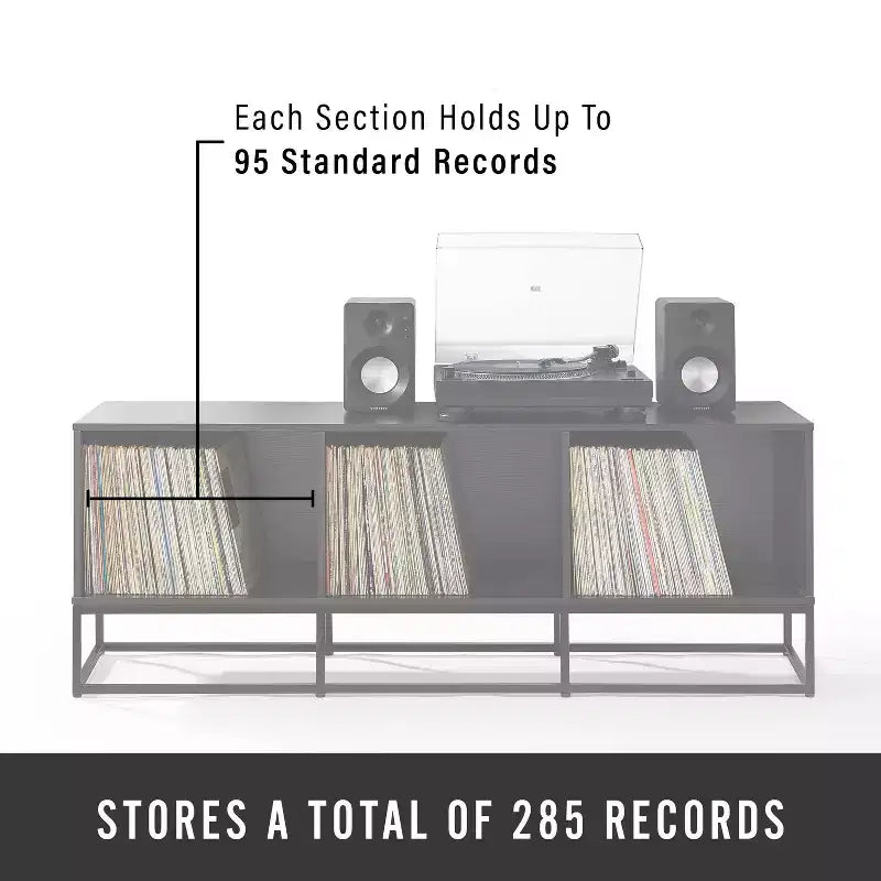 Meuble console Crosley Enzo Large Record Storage 152 cm noir : style industriel moderne, placage mélaminé, pieds en acier