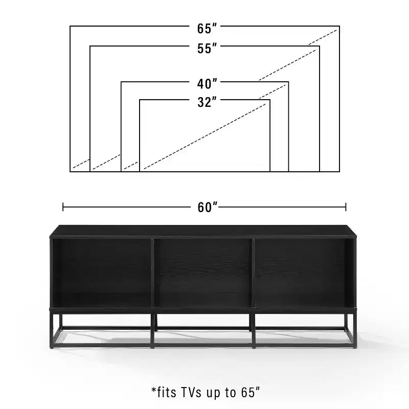 Meuble console Crosley Enzo Large Record Storage 152 cm noir : style industriel moderne, placage mélaminé, pieds en acier