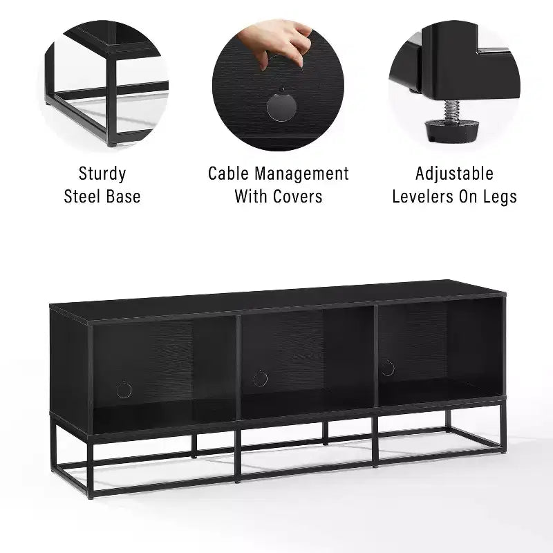 Meuble console Crosley Enzo Large Record Storage 152 cm noir : style industriel moderne, placage mélaminé, pieds en acier