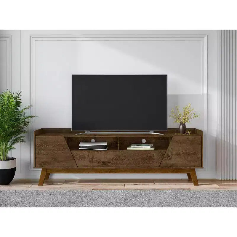 Meuble TV Marcus mi-siècle moderne 4 étagères pour téléviseurs jusqu'à 70" brun rustique - Manhattan Comfort : Centre de divertissement avec rangement