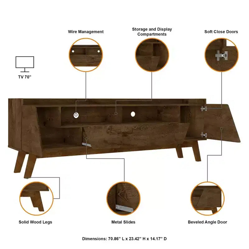 Meuble TV Marcus mi-siècle moderne 4 étagères pour téléviseurs jusqu'à 70" brun rustique - Manhattan Comfort : Centre de divertissement avec rangement