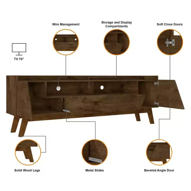 Meuble TV Marcus mi-siècle moderne 4 étagères pour téléviseurs jusqu'à 70" brun rustique - Manhattan Comfort : Centre de divertissement avec rangement