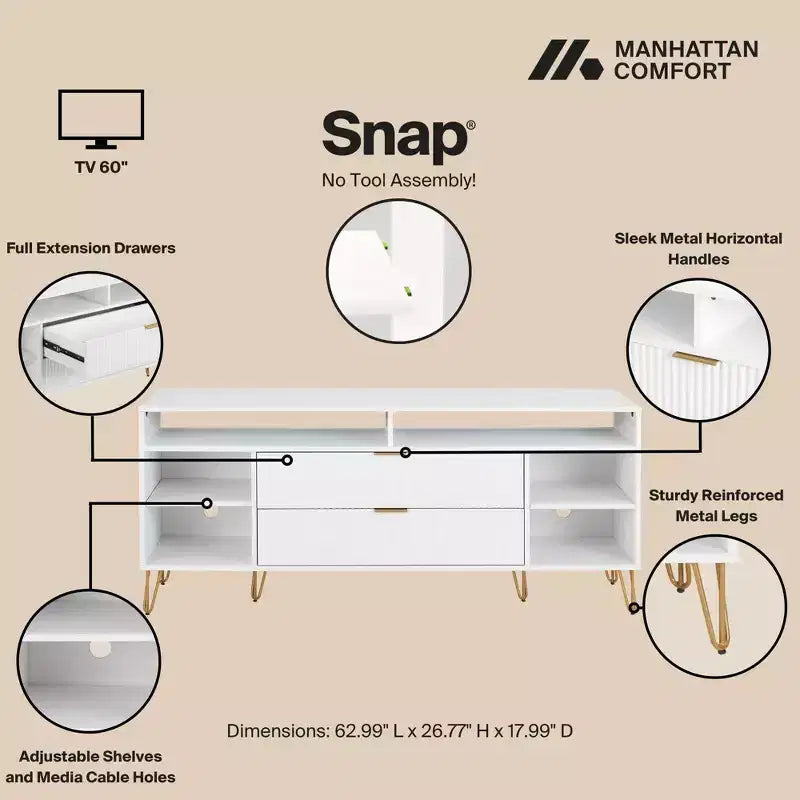 Meuble TV Dumbo Manhattan Comfort de 63 po pour téléviseurs jusqu'à 60 po, blanc