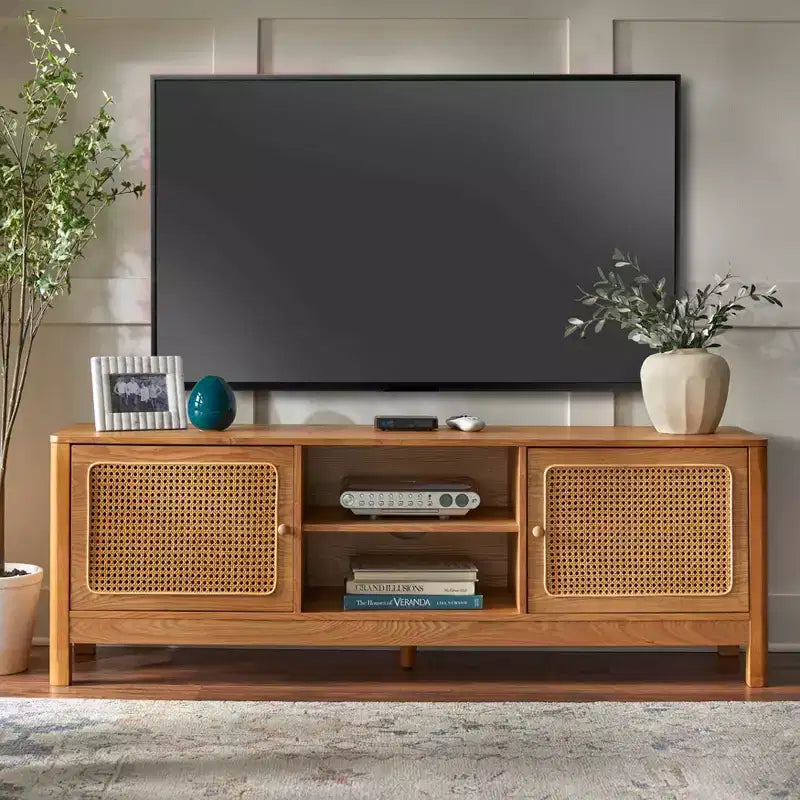 Meuble TV rectangulaire Lifestorey Sheldon en rotin naturel, pour téléviseurs jusqu'à 70 pouces, naturel