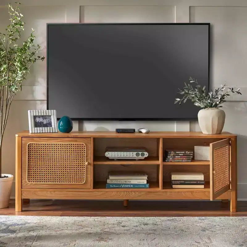 Meuble TV rectangulaire Lifestorey Sheldon en rotin naturel, pour téléviseurs jusqu'à 70 pouces, naturel