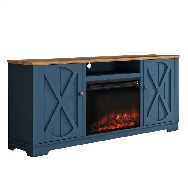 Meuble TV de style rustique pour téléviseurs jusqu'à 70" avec foyer électrique, armoires de rangement et gestion des câbles - Festivo