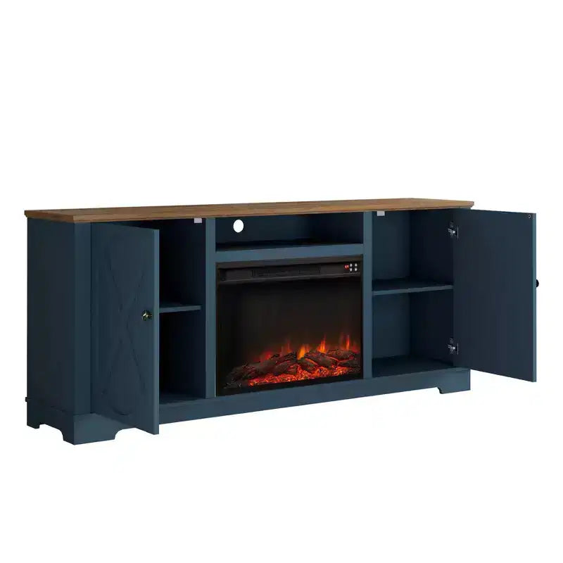 Meuble TV de style rustique pour téléviseurs jusqu'à 70" avec foyer électrique, armoires de rangement et gestion des câbles - Festivo