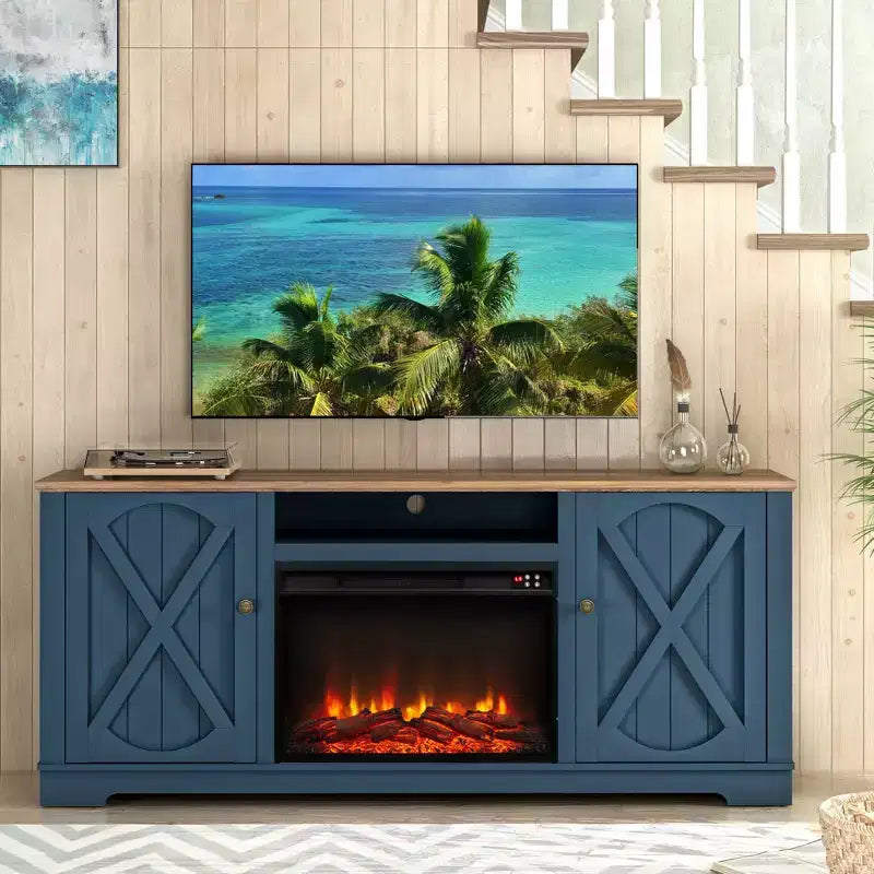 Meuble TV de style rustique pour téléviseurs jusqu'à 70" avec foyer électrique, armoires de rangement et gestion des câbles - Festivo