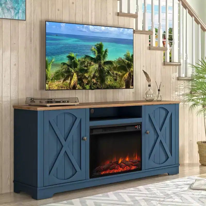 Meuble TV de style rustique pour téléviseurs jusqu'à 70" avec foyer électrique, armoires de rangement et gestion des câbles - Festivo