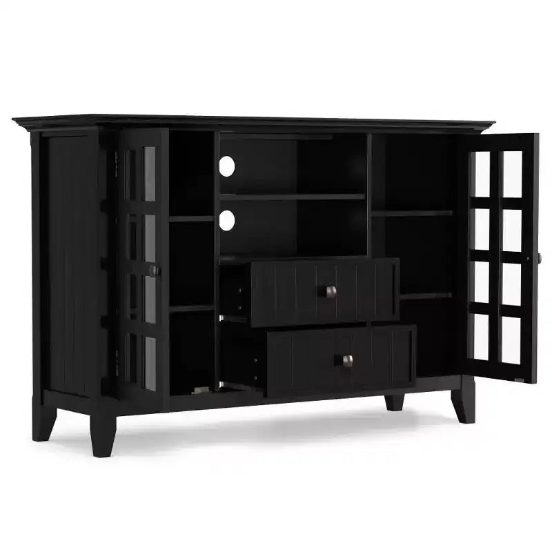 Meuble TV Rustique Large en Bois Massif Normandie pour TV jusqu'à 53" Noir - WyndenHall : Rangement Multimédia, Étagères Réglables