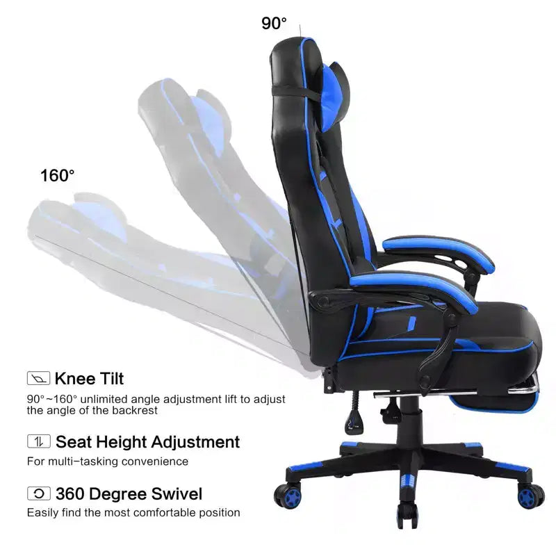 Chaise de jeu LUCKRACER avec repose-pieds, chaise de bureau à dossier haut, chaise de bureau, bleue