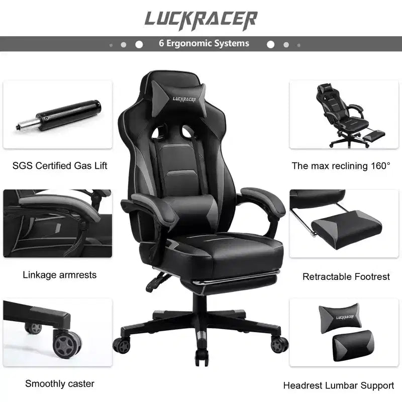 Chaise de jeu LUCKRACER avec repose-pieds, chaise de bureau à dossier haut, gris