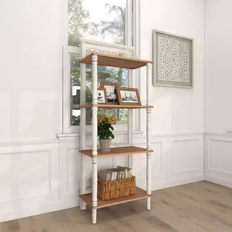 Étagère en pin style ferme blanche - Olivia & May : Bibliothèque à 4 niveaux, Organisateur de rangement haut