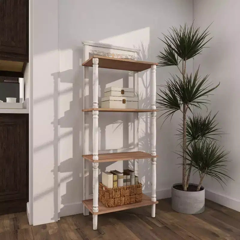 Étagère en pin style ferme blanche - Olivia & May : Bibliothèque à 4 niveaux, Organisateur de rangement haut