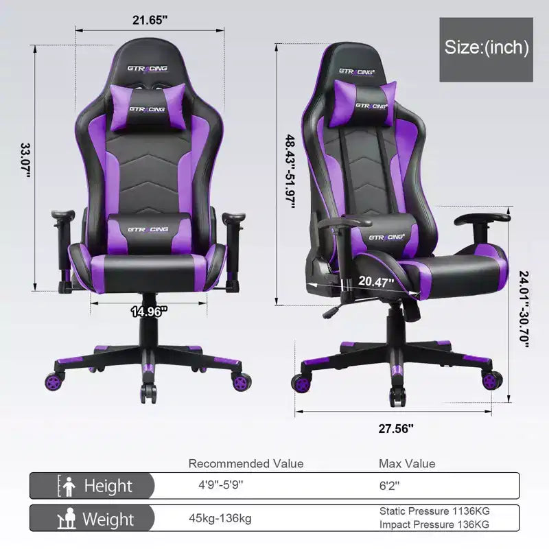 Chaise de gaming GTRACING avec haut-parleurs Bluetooth Chaise de bureau dossier haut en PU Violette