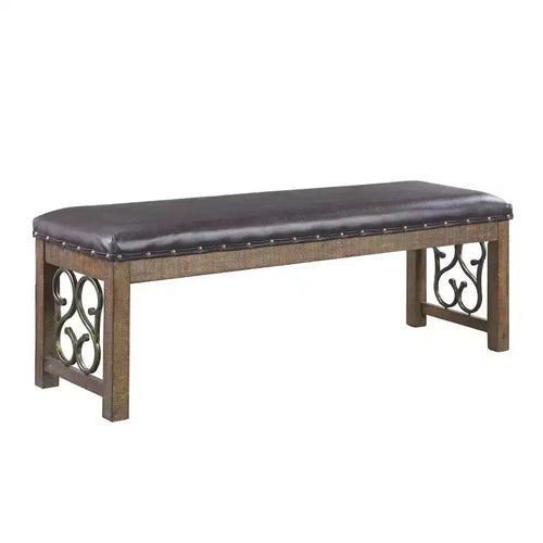 Acme Furniture 56 po. Ottomans et bancs Raphaela, similicuir noir et fini cerisier vieilli : garniture cloutée, pieds en métal
