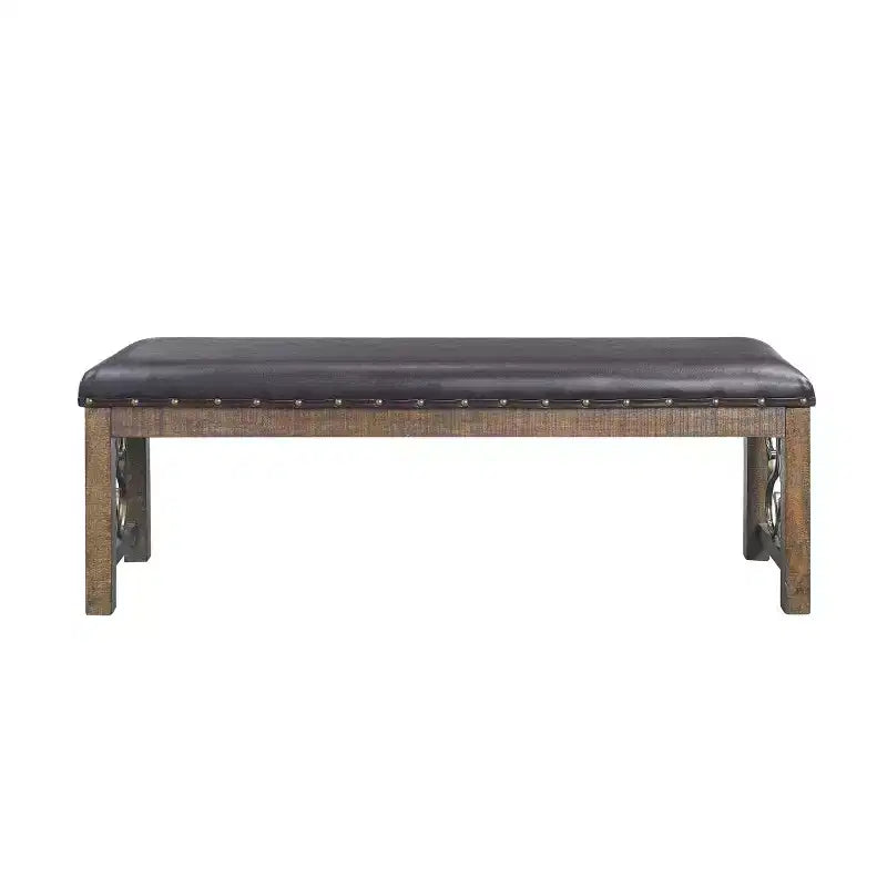 Acme Furniture 56 po. Ottomans et bancs Raphaela, similicuir noir et fini cerisier vieilli : garniture cloutée, pieds en métal