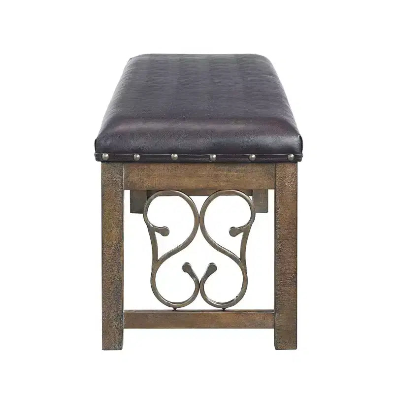 Acme Furniture 56 po. Ottomans et bancs Raphaela, similicuir noir et fini cerisier vieilli : garniture cloutée, pieds en métal