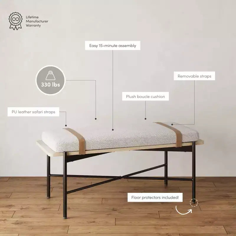 Banc Nathan James Thatcher en bois et métal avec coussin amovible : bord incurvé, sangles en cuir végétalien, fermeture éclair, nettoyage facile