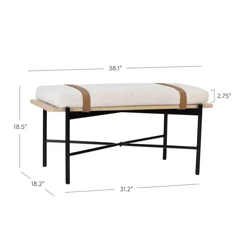 Banc Nathan James Thatcher en bois et métal avec coussin amovible : bord incurvé, sangles en cuir végétalien, fermeture éclair, nettoyage facile