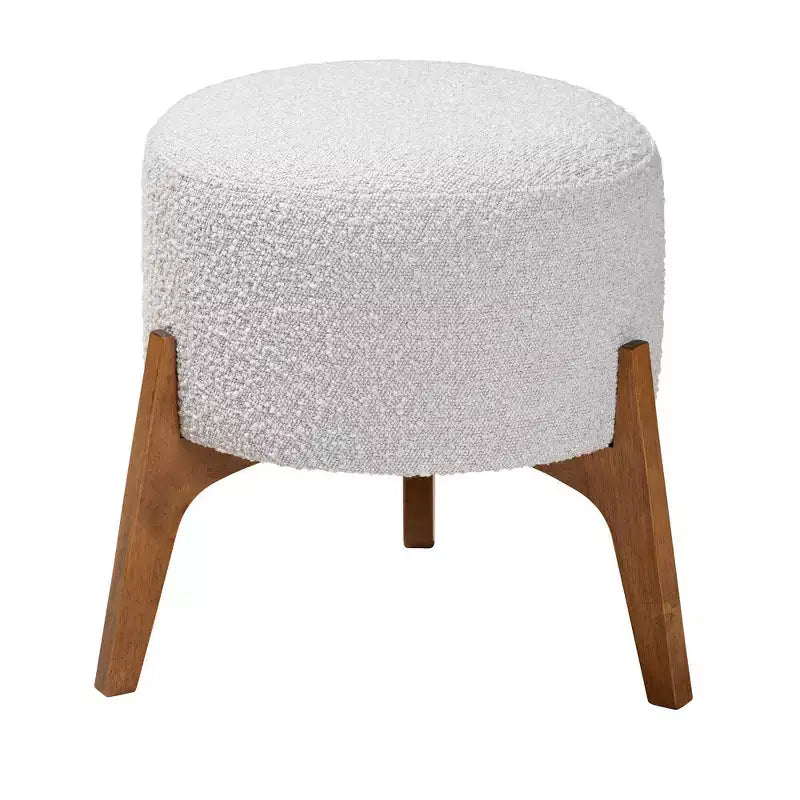 Elkie Fabric and Wood Ottoman Footstool Light Gray/Walnut Brown - Baxton Studio: Japandi Inspired, Boucle Upholstery, Tapered Legs