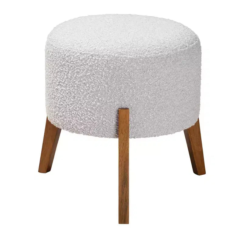 Pouf Ottoman Elkie en tissu et bois gris clair/noyer – Baxton Studio : Inspiration Japandi, revêtement bouclette, pieds fuselés