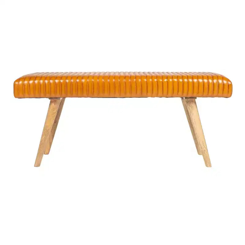 Banc en cuir quadrillé Storied Home marron : Cadre en bois de manguier, Assemblage par un adulte, Nettoyage des taches, Forme rectangulaire