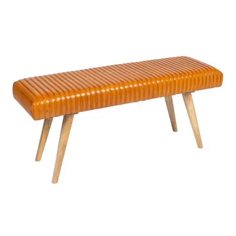 Banc en cuir quadrillé Storied Home marron : Cadre en bois de manguier, Assemblage par un adulte, Nettoyage des taches, Forme rectangulaire