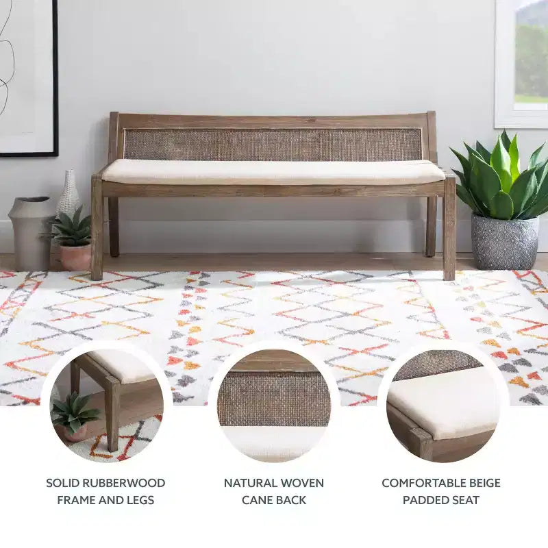 Banc rembourré en rotin et polyester de 52 po Bessie en bois massif, marron - Powell : dossier en cannage, conception en bois