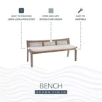 Banc rembourré en rotin et polyester de 52 po Bessie en bois massif, marron - Powell : dossier en cannage, conception en bois