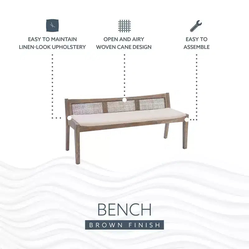 Banc rembourré en rotin et polyester de 52 po Bessie en bois massif, marron - Powell : dossier en cannage, conception en bois
