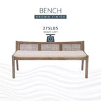 Banc rembourré en rotin et polyester de 52 po Bessie en bois massif, marron - Powell : dossier en cannage, conception en bois