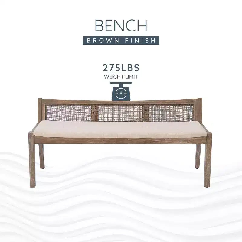 Banc rembourré en rotin et polyester de 52 po Bessie en bois massif, marron - Powell : dossier en cannage, conception en bois
