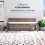 Banc rembourré en rotin et polyester de 52 po Bessie en bois massif, marron - Powell : dossier en cannage, conception en bois