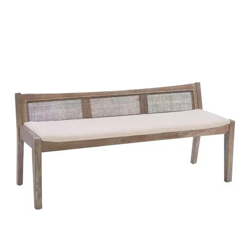 Banc rembourré en rotin et polyester de 52 po Bessie en bois massif, marron - Powell : dossier en cannage, conception en bois