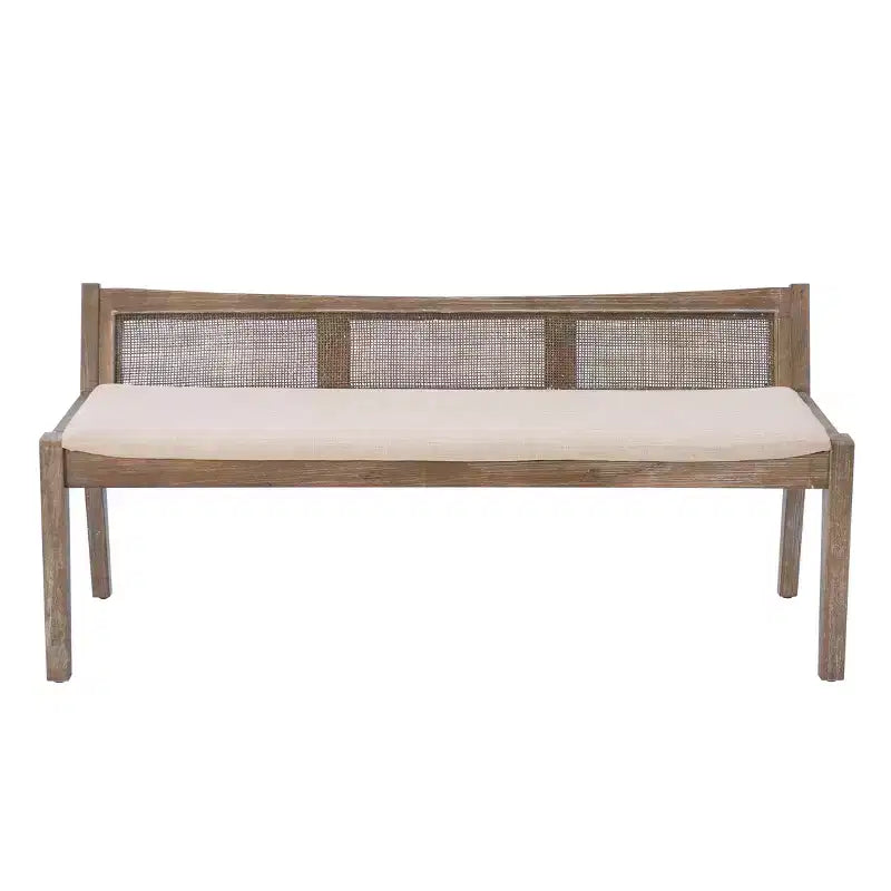 Banc rembourré en rotin et polyester de 52 po Bessie en bois massif, marron - Powell : dossier en cannage, conception en bois