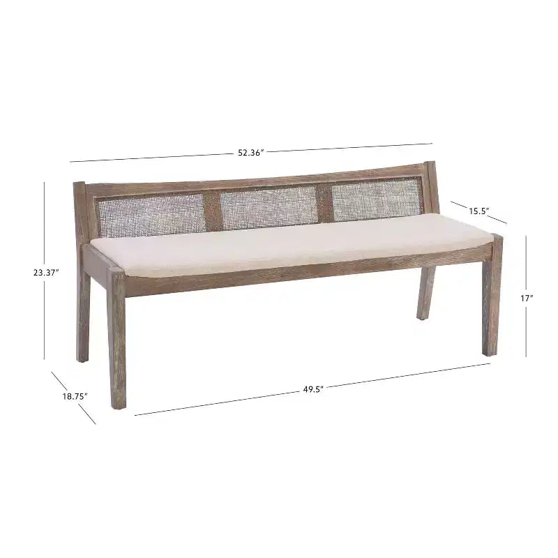 Banc rembourré en rotin et polyester de 52 po Bessie en bois massif, marron - Powell : dossier en cannage, conception en bois