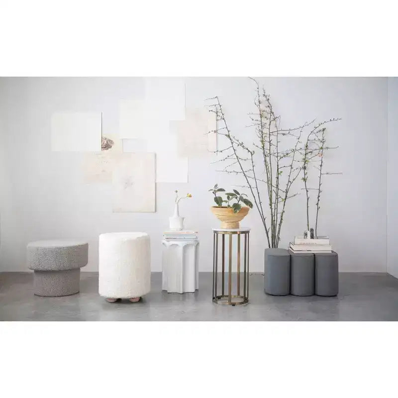 Storied Home Square Cotton Velvet Pouf with Piped Detail Cream: Upholstered Footstool, Pine Wood Base, 330lbs Capacity