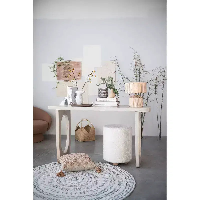 Pouf rond en velours de coton Storied Home avec passepoil crème : Repose-pieds rembourré, base en bois de pin, capacité de 150 kg