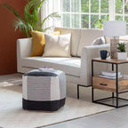 Carrapateira Pouf Black/Ivory - Anji Mountain: Modern Handmade Abstract Upholstered Ottoman, Textured Cotton, 21" Square