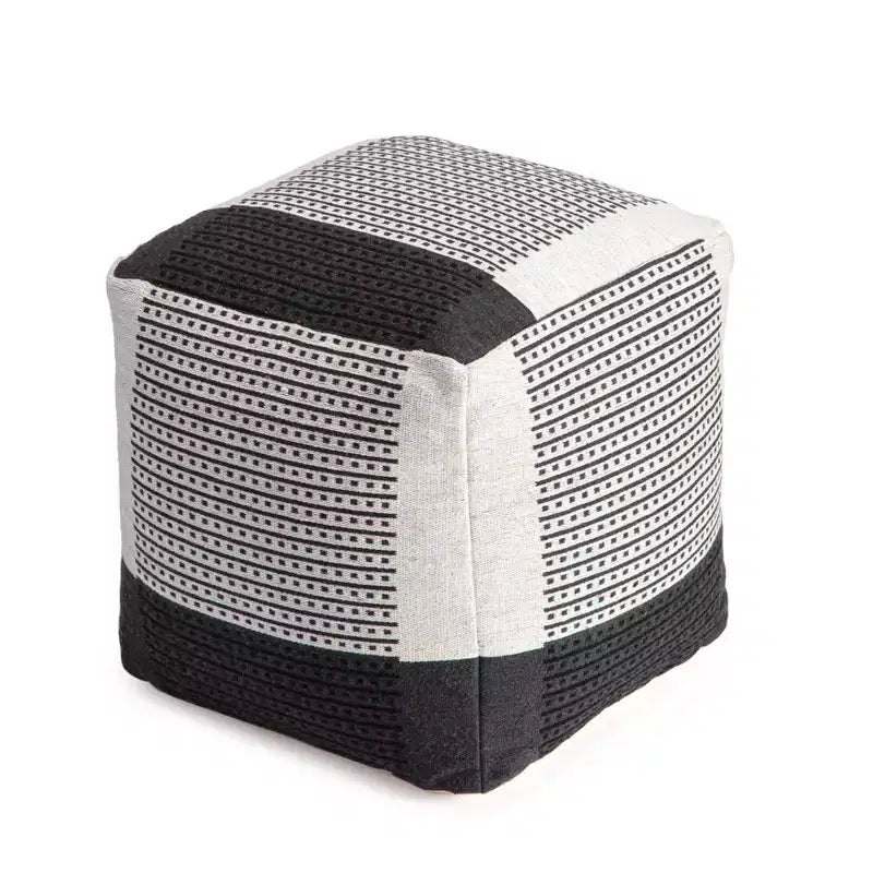 Pouf Carrapateira Noir/Ivoire - Anji Mountain : Ottoman moderne abstrait tapissé fait main, Coton texturé, 53 cm Carré