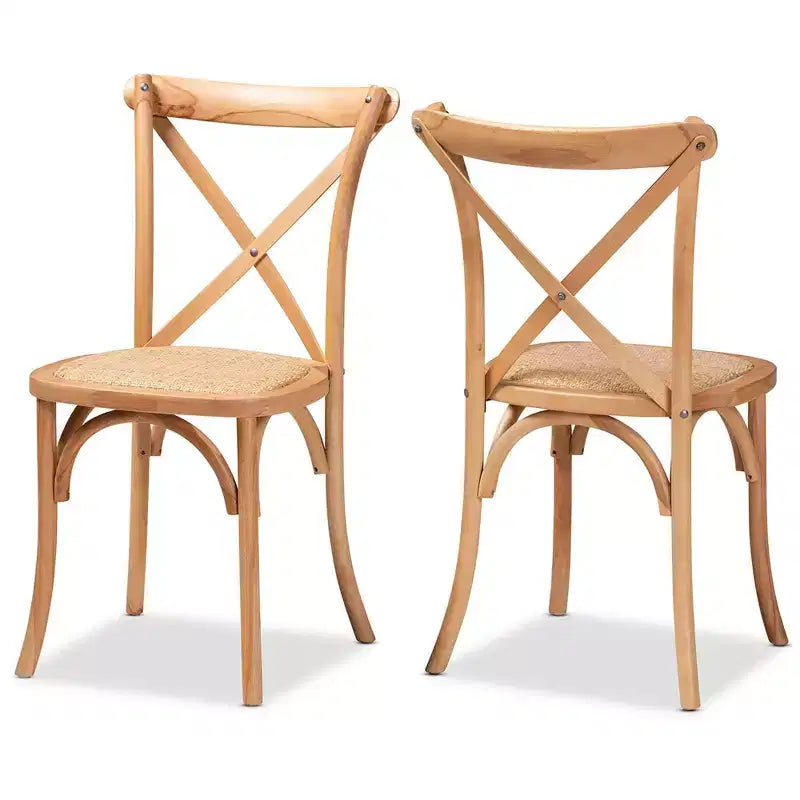 2pc Tartan Woven Rattan and Wood Dining Chair Set Brown - Baxton Studio: Beech Frame, No Assembly Required