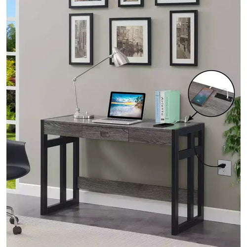 Bureau Monterey 47" avec station de charge gris/noir patiné - Breighton Home : poste de travail avec étagère de rangement
