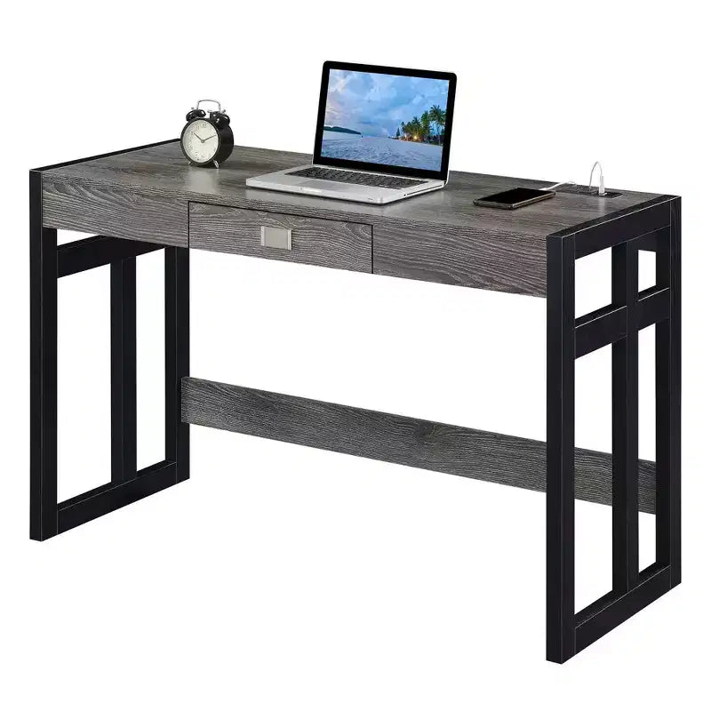 Bureau Monterey 47" avec station de charge gris/noir patiné - Breighton Home : poste de travail avec étagère de rangement